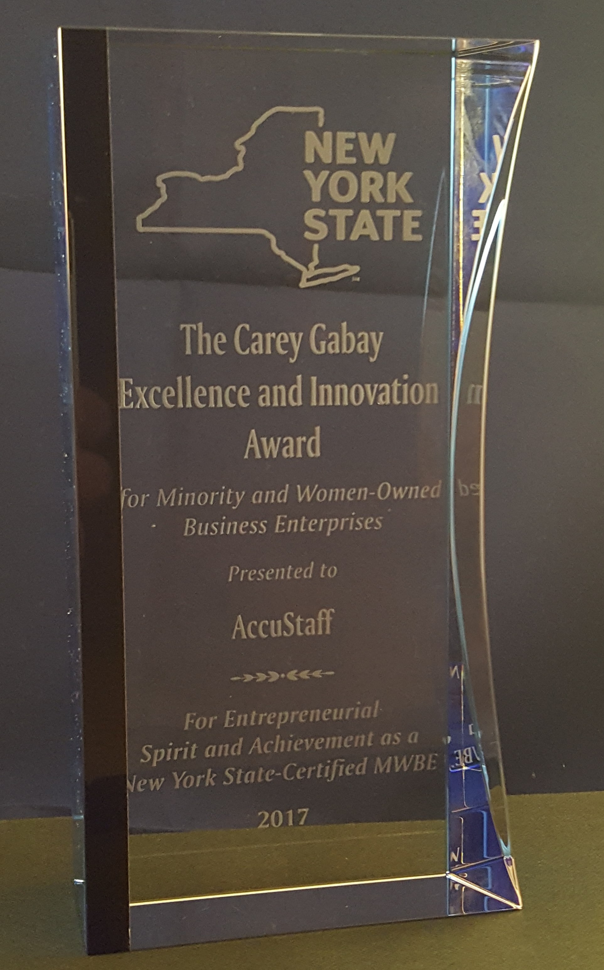 glass trophy for Carey Gabay Innovation Award